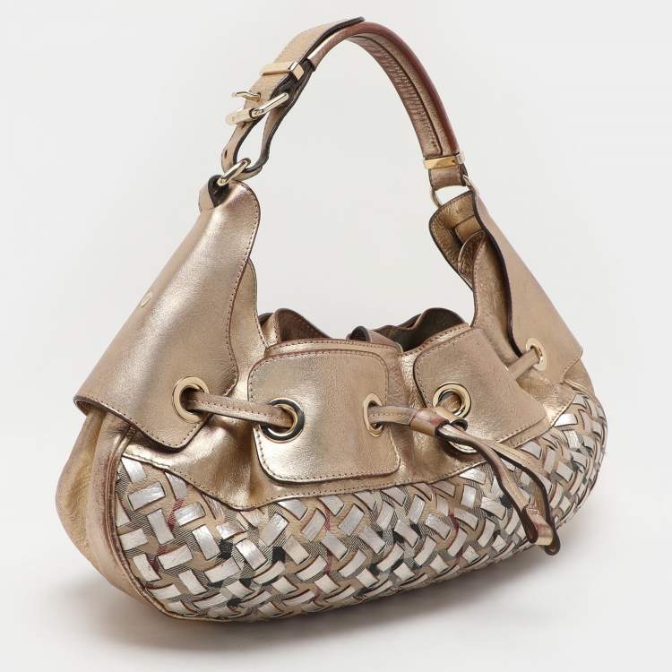 Pre Owned Burberry Gold/Beige Haymarket Check Coated Canvas and Leather Warrior Hobo