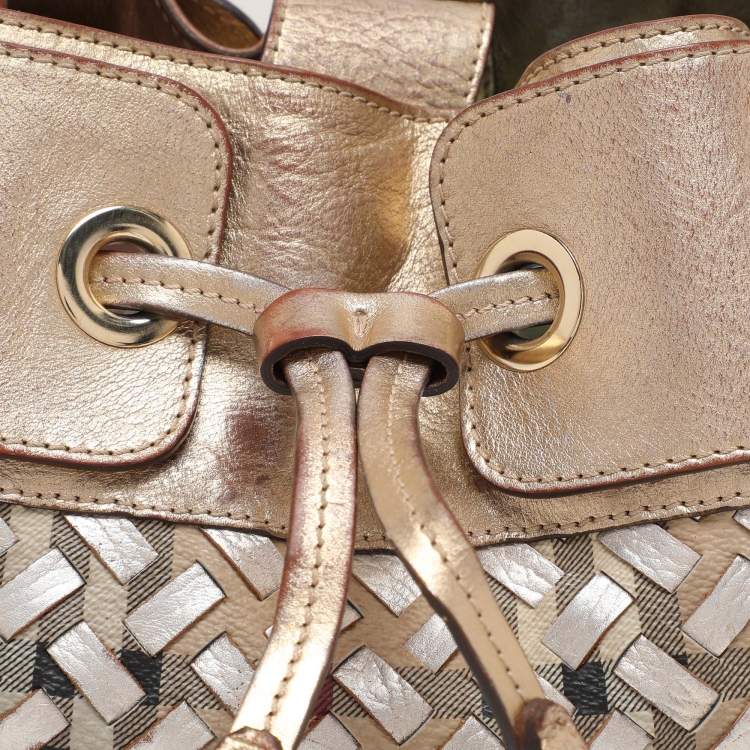 Pre Owned Burberry Gold/Beige Haymarket Check Coated Canvas and Leather Warrior Hobo