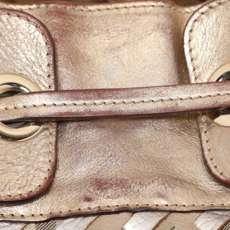 Pre Owned Burberry Gold/Beige Haymarket Check Coated Canvas and Leather Warrior Hobo