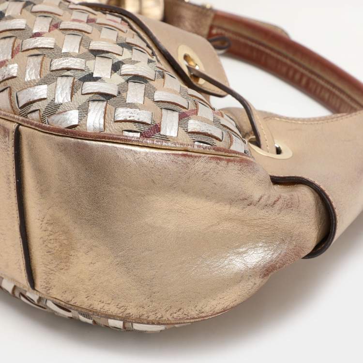 Pre Owned Burberry Gold/Beige Haymarket Check Coated Canvas and Leather Warrior Hobo