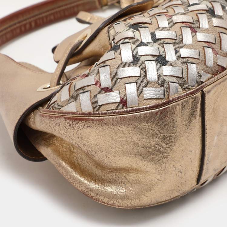 Pre Owned Burberry Gold/Beige Haymarket Check Coated Canvas and Leather Warrior Hobo