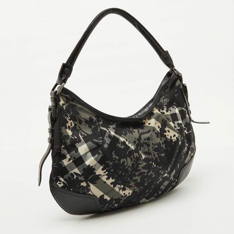 Pre Owned Burberry Black Patent Leather and Floral Beat Check Nylon Foley Hobo