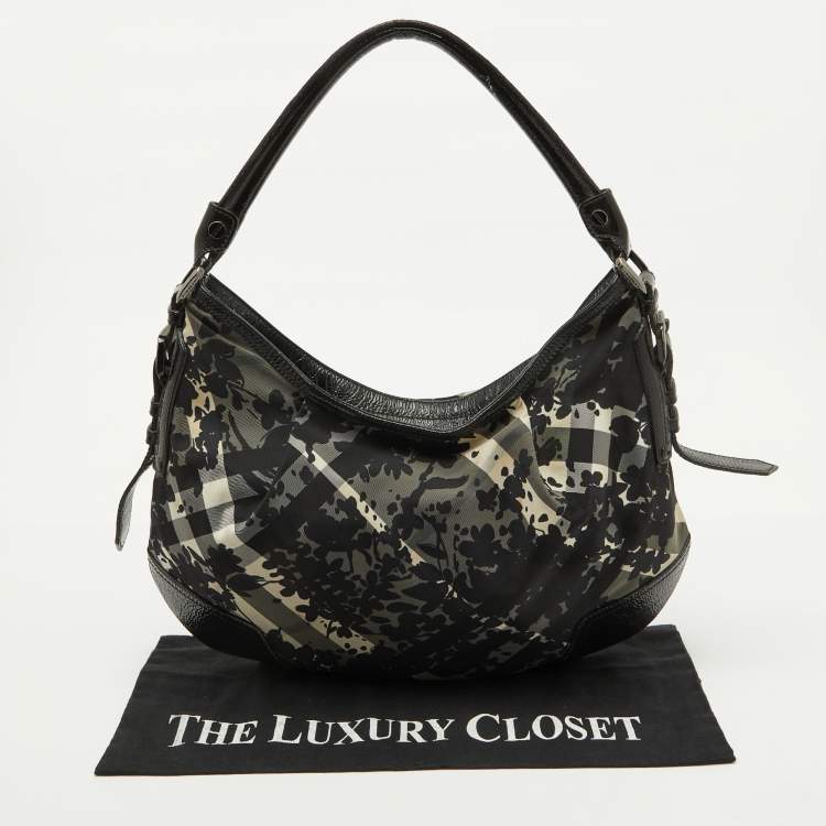 Pre Owned Burberry Black Patent Leather and Floral Beat Check Nylon Foley Hobo