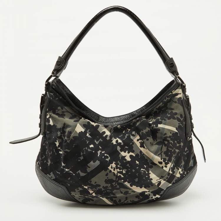 Pre Owned Burberry Black Patent Leather and Floral Beat Check Nylon Foley Hobo