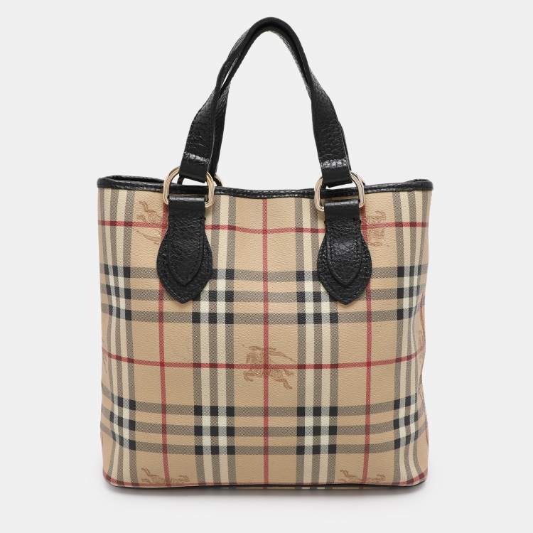 Pre Owned Burberry Beige Haymarket Check Coated Canvas and Leather On Slow Tote