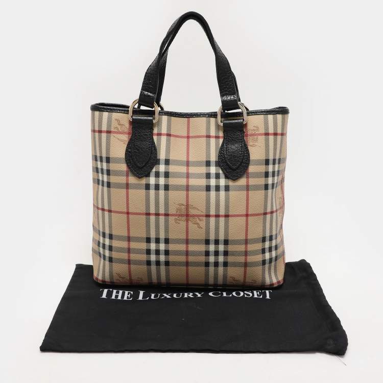 Pre Owned Burberry Beige Haymarket Check Coated Canvas and Leather On Slow Tote