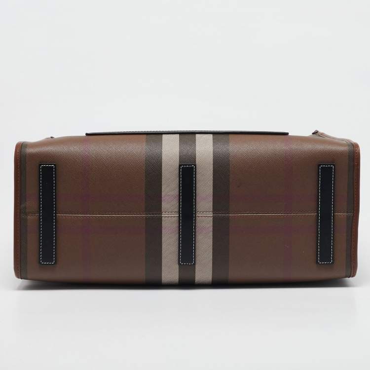 Pre Owned Burberry Dark Birch Brown Check Coated Canvas and Leather Medium Freya Tote