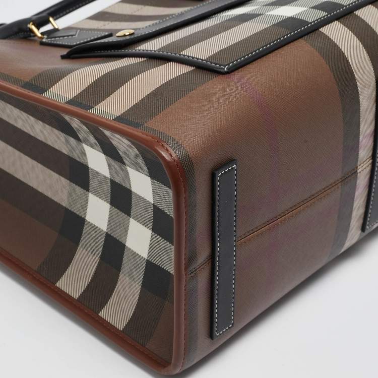 Pre Owned Burberry Dark Birch Brown Check Coated Canvas and Leather Medium Freya Tote