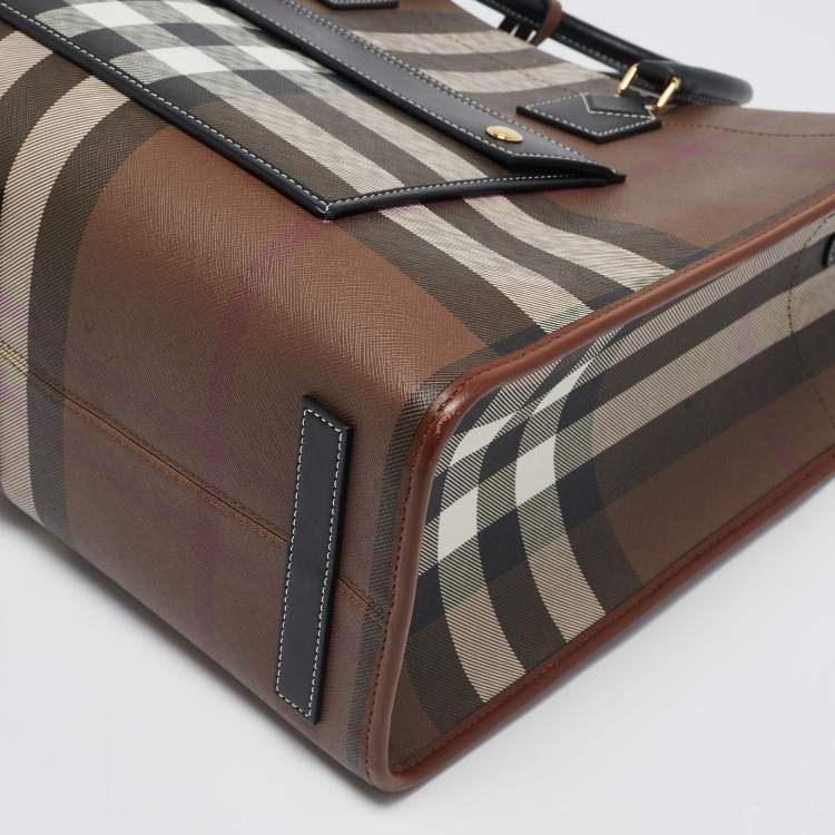 Pre Owned Burberry Dark Birch Brown Check Coated Canvas and Leather Medium Freya Tote