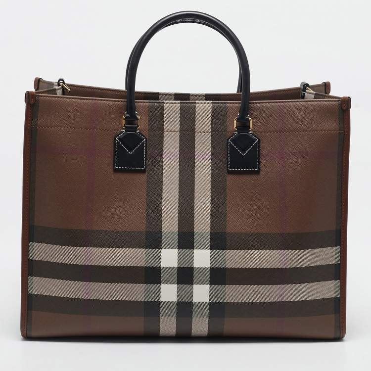 Pre Owned Burberry Dark Birch Brown Check Coated Canvas and Leather Medium Freya Tote