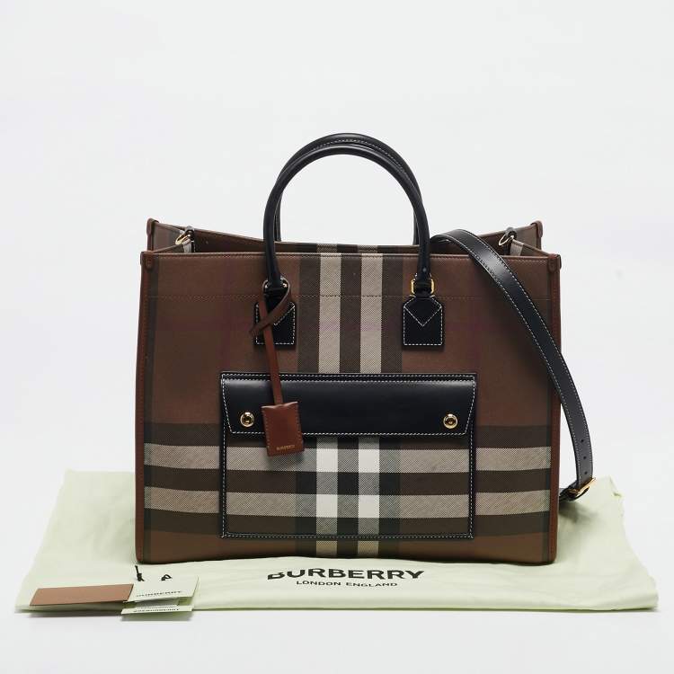Pre Owned Burberry Dark Birch Brown Check Coated Canvas and Leather Medium Freya Tote