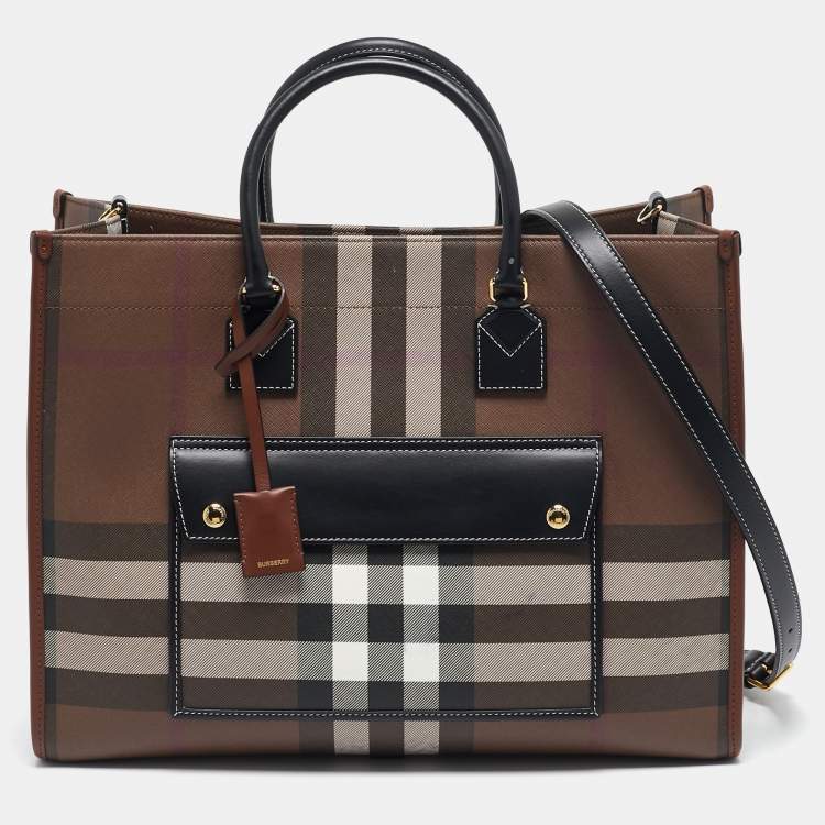 Pre Owned Burberry Dark Birch Brown Check Coated Canvas and Leather Medium Freya Tote