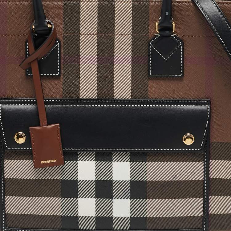 Pre Owned Burberry Dark Birch Brown Check Coated Canvas and Leather Medium Freya Tote