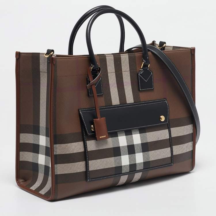 Pre Owned Burberry Dark Birch Brown Check Coated Canvas and Leather Medium Freya Tote