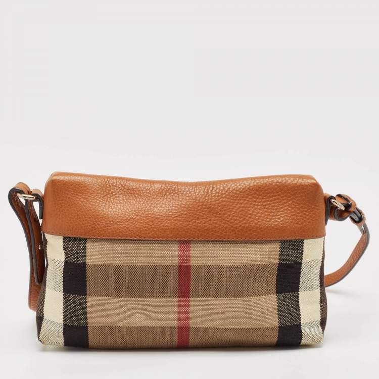 Pre Owned Burberry Brown/Beige House Check Canvas and Leather Farley Crossbody Bag