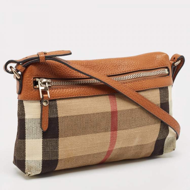 Pre Owned Burberry Brown/Beige House Check Canvas and Leather Farley Crossbody Bag