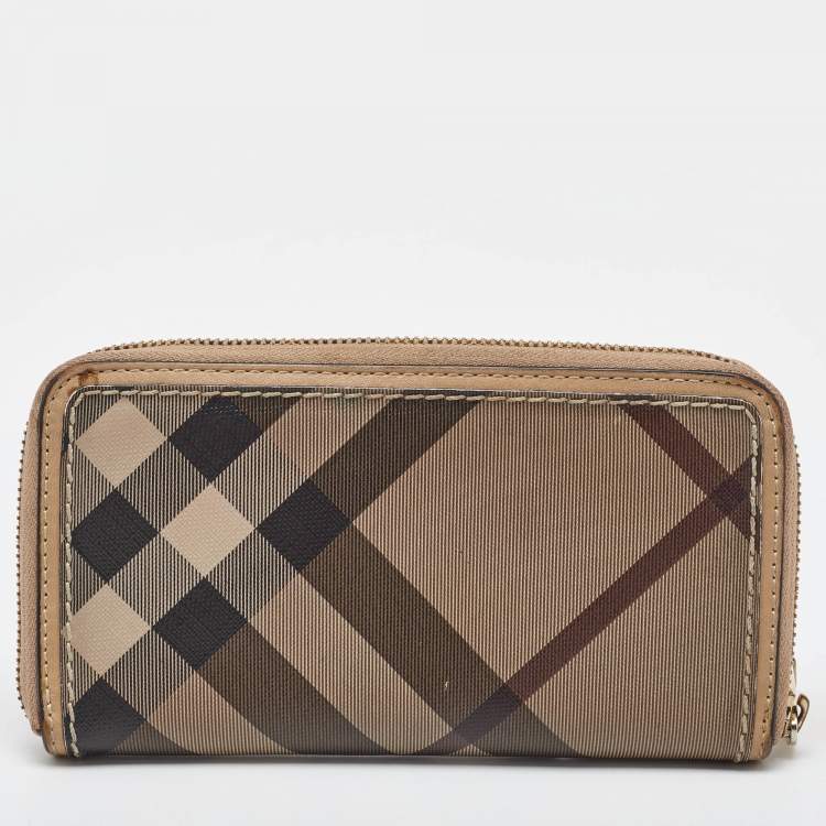 Pre Owned Burberry Beige Nova Check Coated Canvas Zip Around Wallet