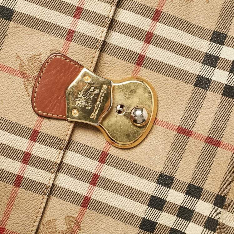 Pre Owned Burberry Beige/Brown Haymarket Coated Canvas and Leather Pushlock Top Handle Bag
