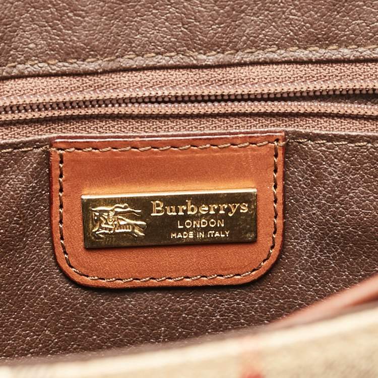 Pre Owned Burberry Beige/Brown Haymarket Coated Canvas and Leather Pushlock Top Handle Bag