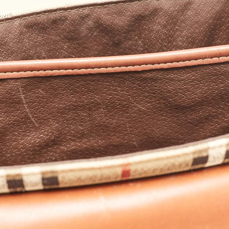 Pre Owned Burberry Beige/Brown Haymarket Coated Canvas and Leather Pushlock Top Handle Bag