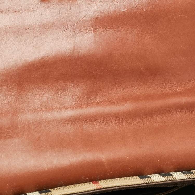 Pre Owned Burberry Beige/Brown Haymarket Coated Canvas and Leather Pushlock Top Handle Bag