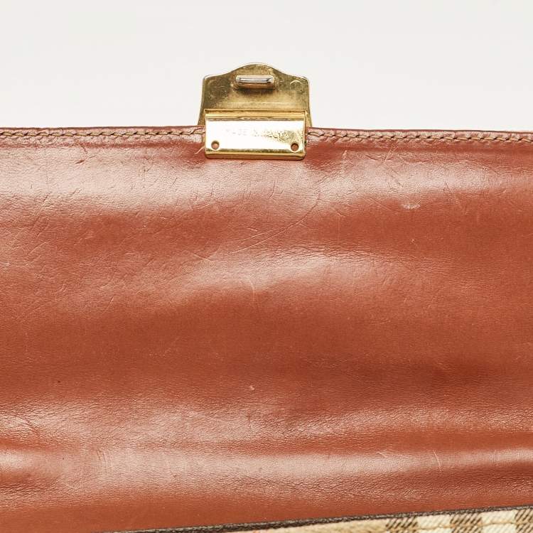 Pre Owned Burberry Beige/Brown Haymarket Coated Canvas and Leather Pushlock Top Handle Bag