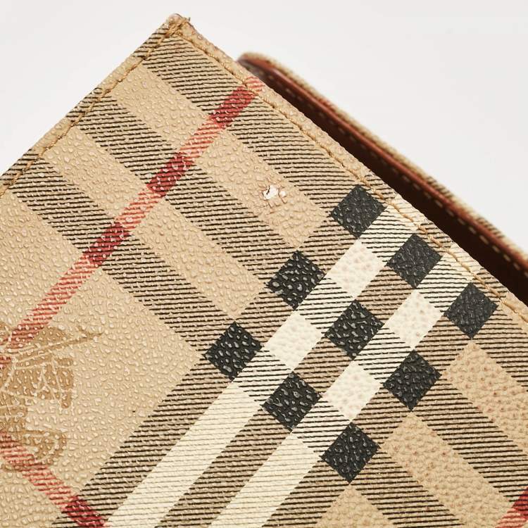 Pre Owned Burberry Beige/Brown Haymarket Coated Canvas and Leather Pushlock Top Handle Bag