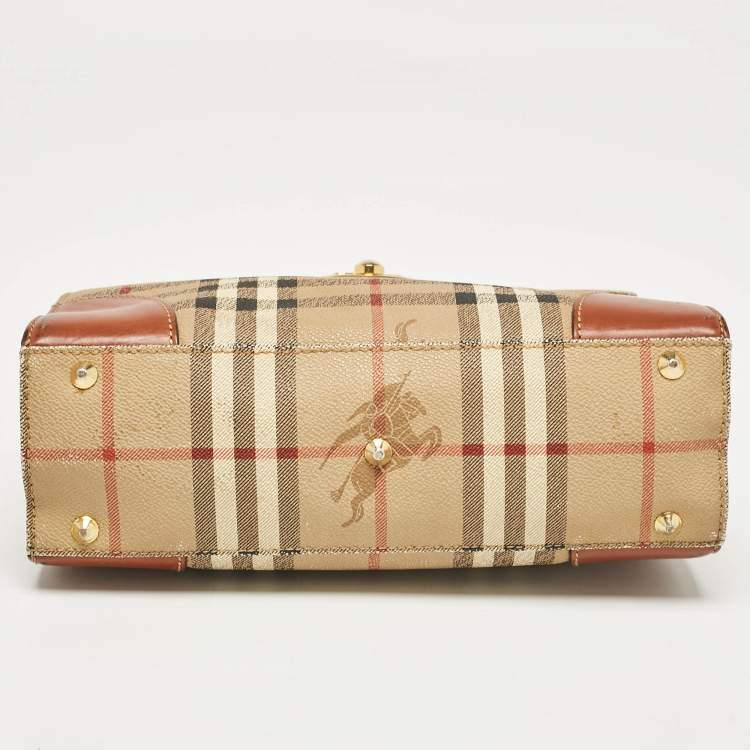 Pre Owned Burberry Beige/Brown Haymarket Coated Canvas and Leather Pushlock Top Handle Bag