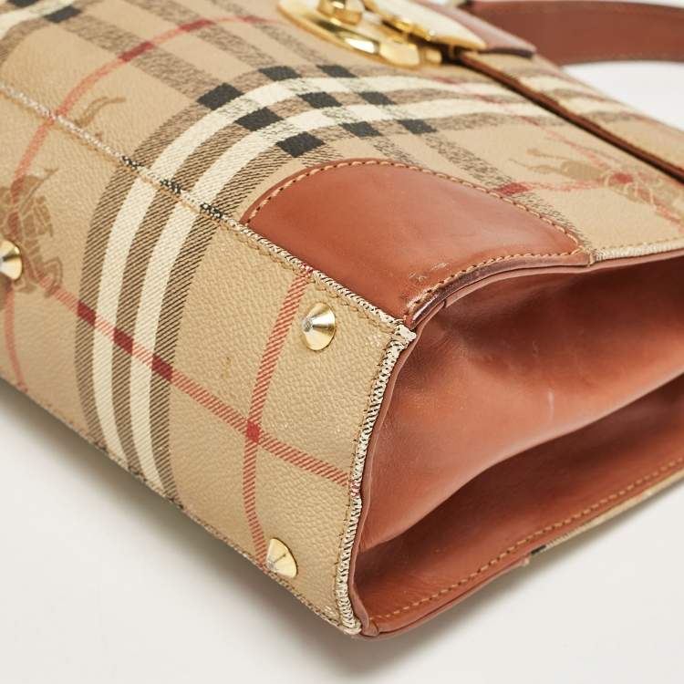 Pre Owned Burberry Beige/Brown Haymarket Coated Canvas and Leather Pushlock Top Handle Bag