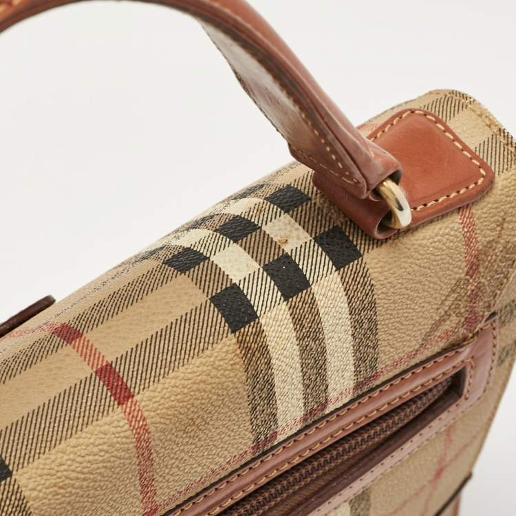 Pre Owned Burberry Beige/Brown Haymarket Coated Canvas and Leather Pushlock Top Handle Bag