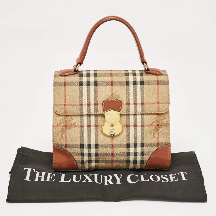 Pre Owned Burberry Beige/Brown Haymarket Coated Canvas and Leather Pushlock Top Handle Bag