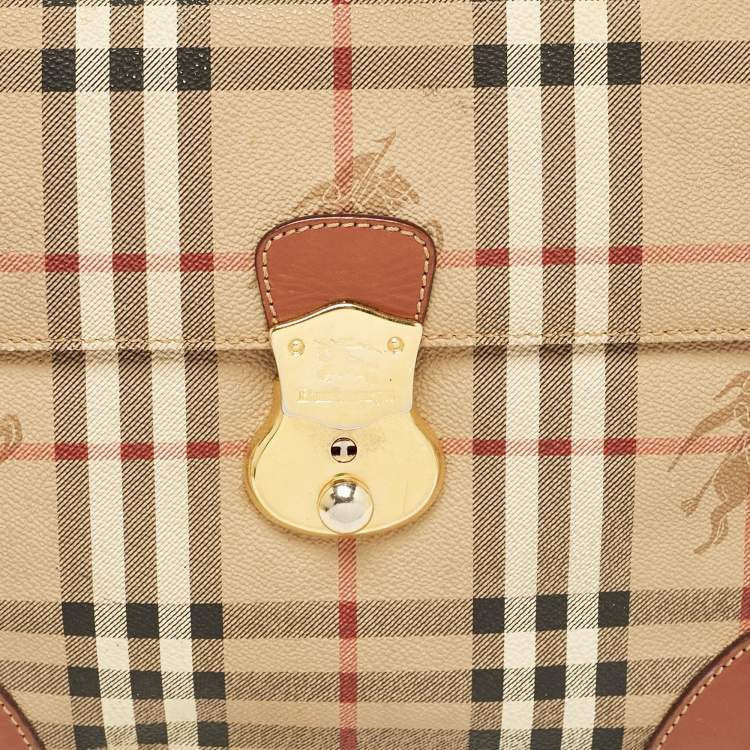 Pre Owned Burberry Beige/Brown Haymarket Coated Canvas and Leather Pushlock Top Handle Bag