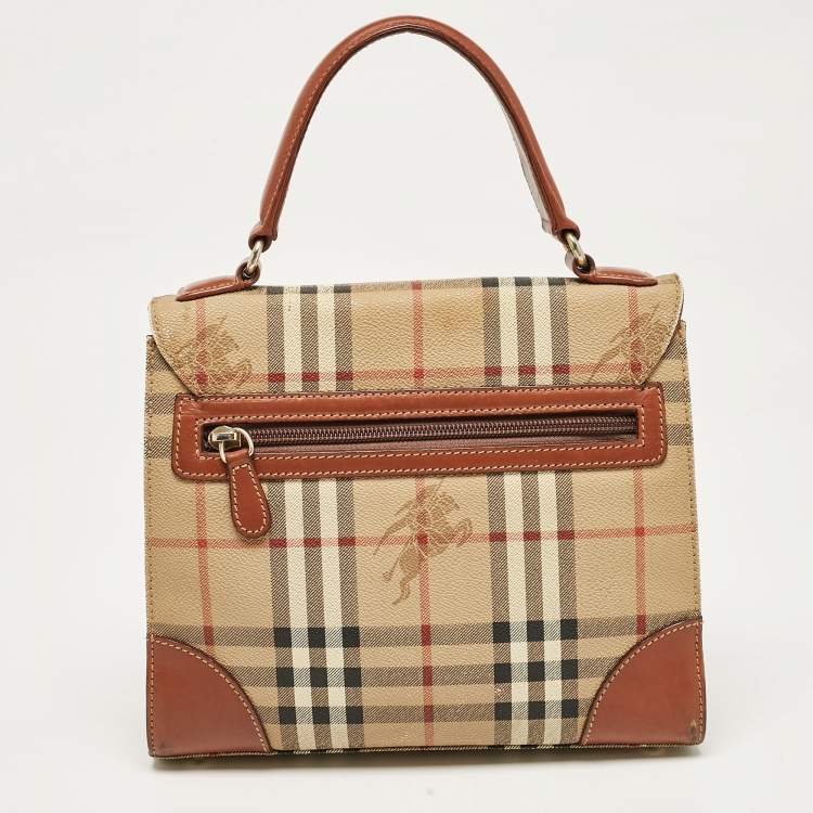 Pre Owned Burberry Beige/Brown Haymarket Coated Canvas and Leather Pushlock Top Handle Bag