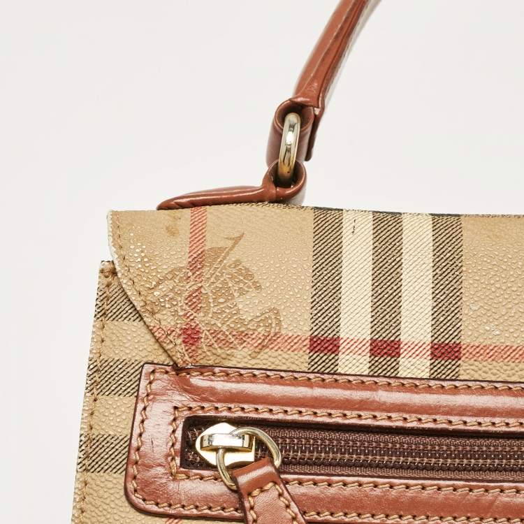 Pre Owned Burberry Beige/Brown Haymarket Coated Canvas and Leather Pushlock Top Handle Bag