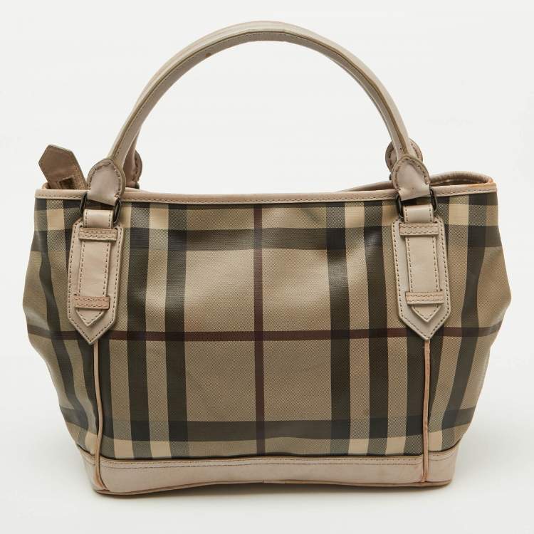 Pre Owned Burberry Beige Smoke Check PVC and Leather Tote