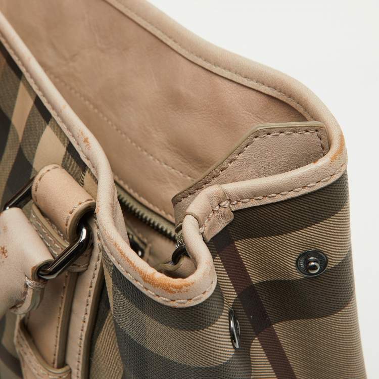 Pre Owned Burberry Beige Smoke Check PVC and Leather Tote