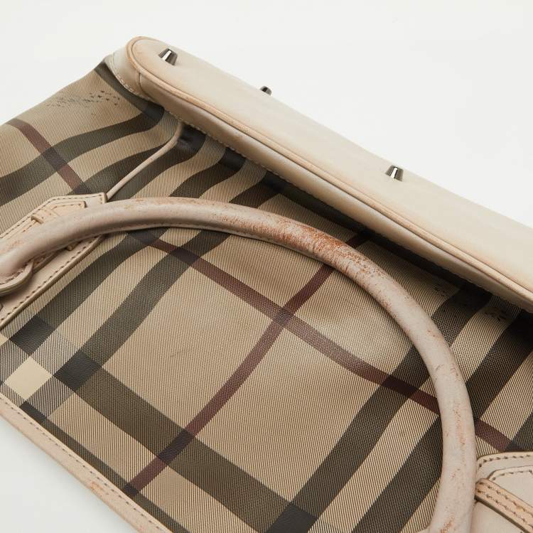 Pre Owned Burberry Beige Smoke Check PVC and Leather Tote