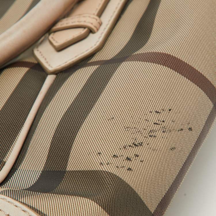 Pre Owned Burberry Beige Smoke Check PVC and Leather Tote