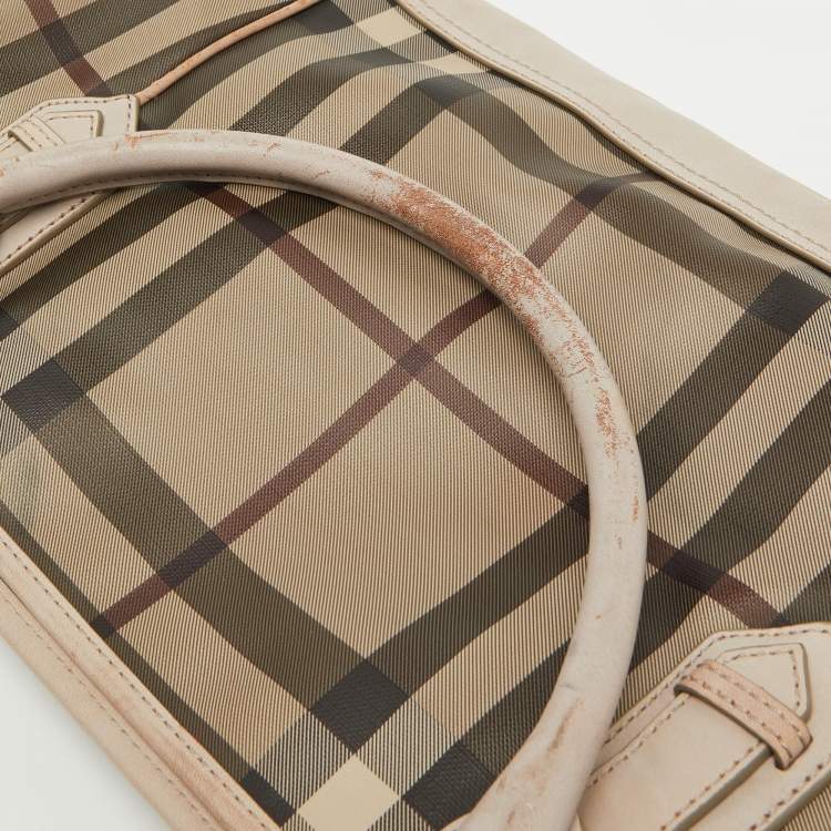 Pre Owned Burberry Beige Smoke Check PVC and Leather Tote