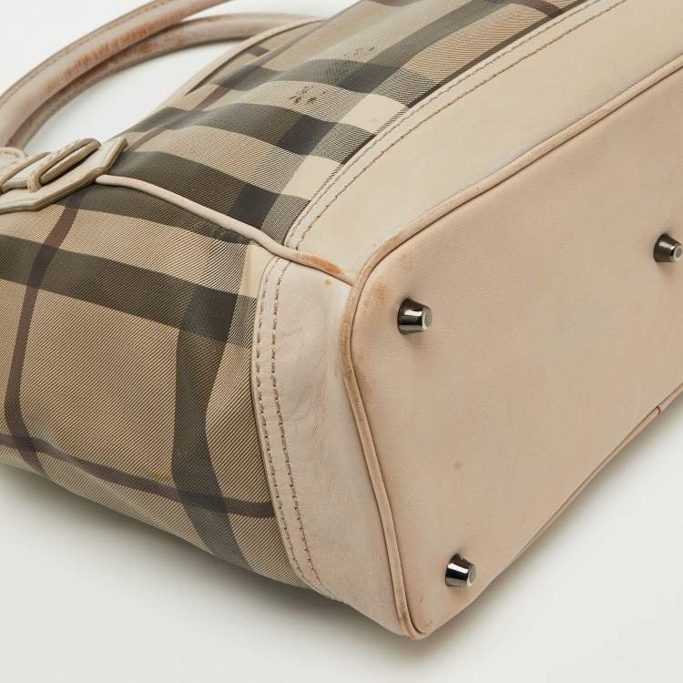 Pre Owned Burberry Beige Smoke Check PVC and Leather Tote