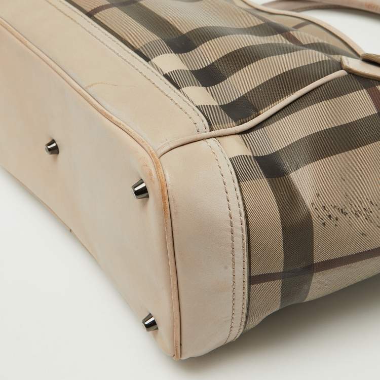 Pre Owned Burberry Beige Smoke Check PVC and Leather Tote