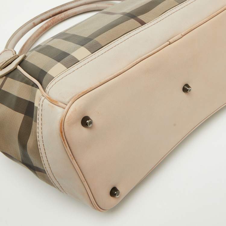 Pre Owned Burberry Beige Smoke Check PVC and Leather Tote