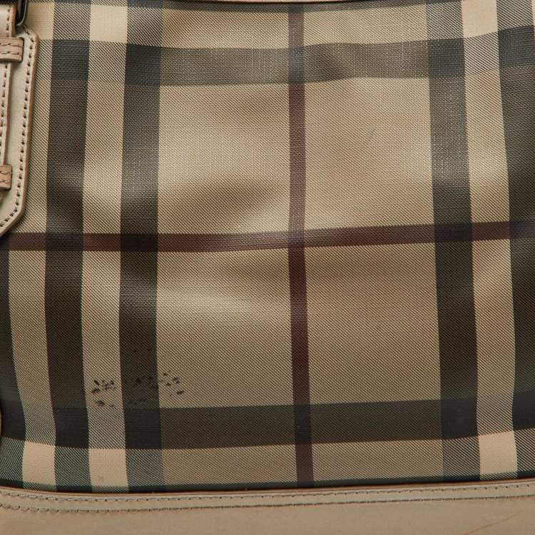 Pre Owned Burberry Beige Smoke Check PVC and Leather Tote