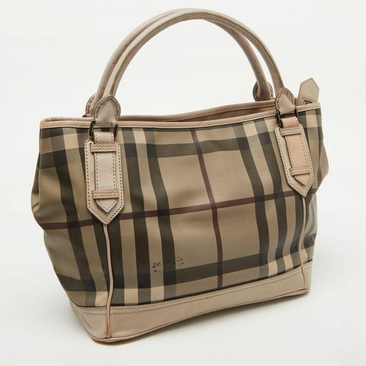 Pre Owned Burberry Beige Smoke Check PVC and Leather Tote