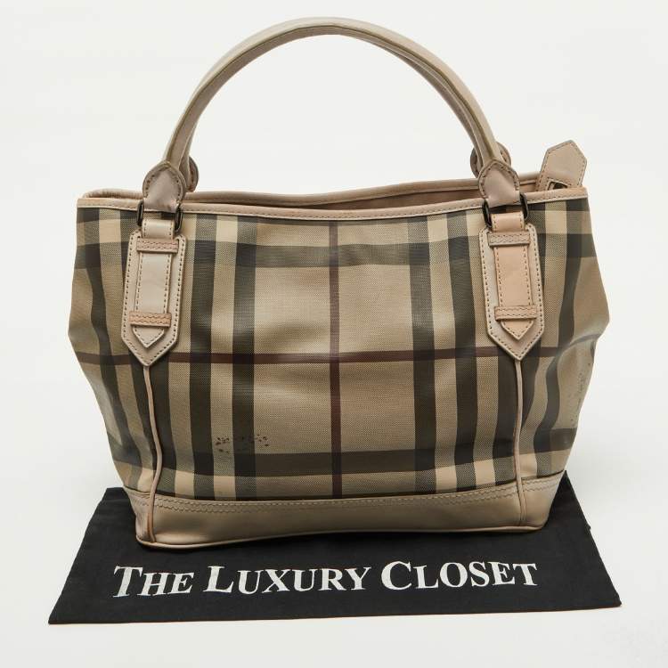 Pre Owned Burberry Beige Smoke Check PVC and Leather Tote
