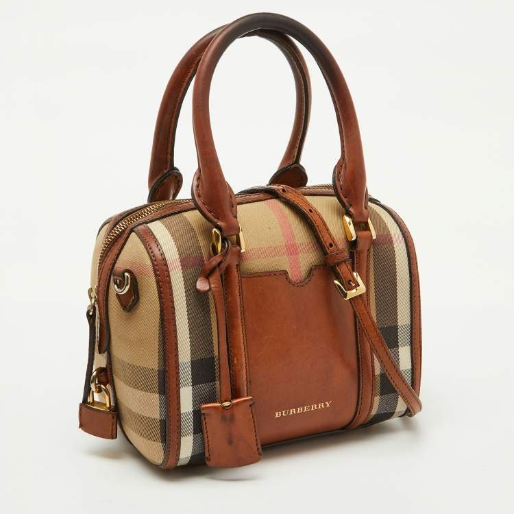 Pre Owned Burberry Beige/Brown House Check Canvas and Leather Alchester Satchel