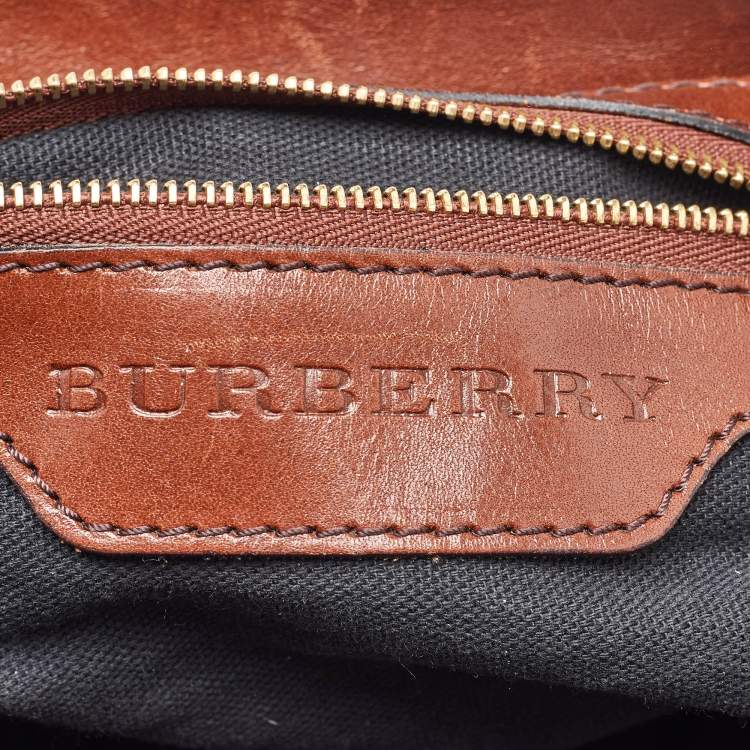 Pre Owned Burberry Brown/Beige Leather and House Check Canvas Medium Bridle Gosford Hobo