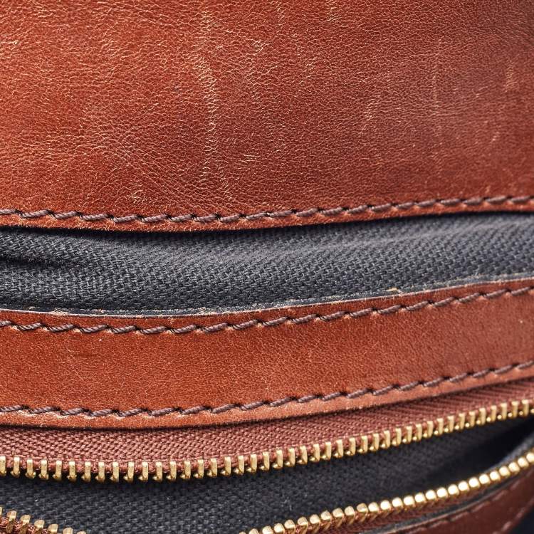 Pre Owned Burberry Brown/Beige Leather and House Check Canvas Medium Bridle Gosford Hobo