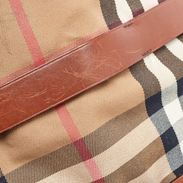 Pre Owned Burberry Brown/Beige Leather and House Check Canvas Medium Bridle Gosford Hobo