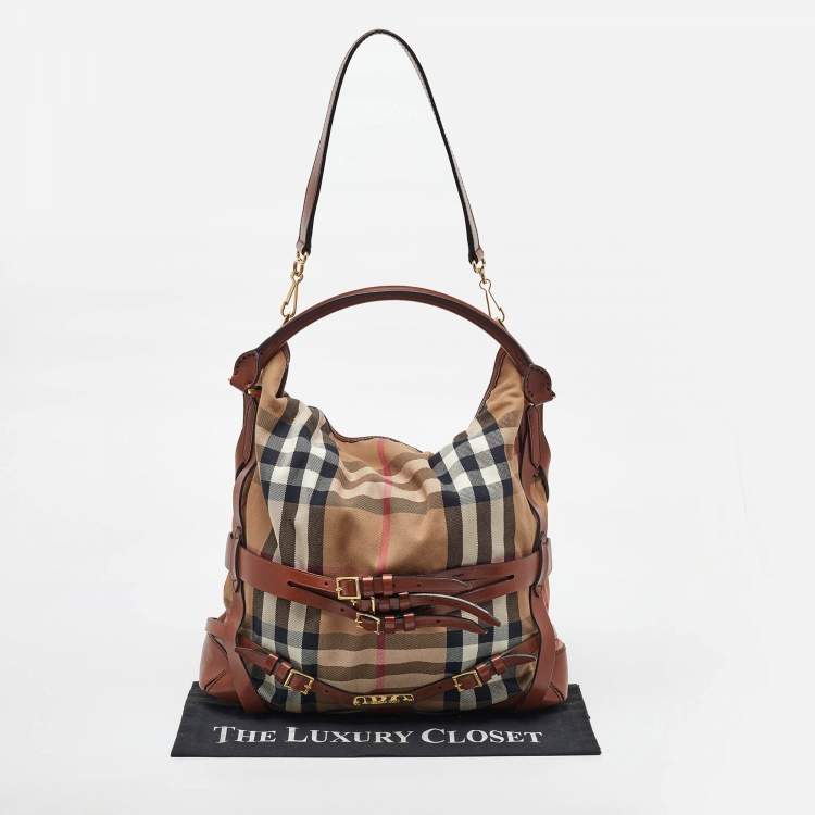 Pre Owned Burberry Brown/Beige Leather and House Check Canvas Medium Bridle Gosford Hobo